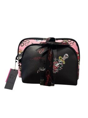 Ed Hardy Black & Pink Signature Tattoo Cosmetic Pouch Duo